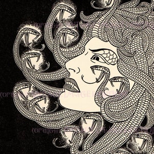 Illustrazione monocromatica evocativa d'epoca di Medusa, una delle sorelle Gorgoni della mitologia greca, biglietto d'auguri 5x7