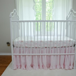 Pink Ruffled Crib Skirt, Shabby Chic Crib Skirt, Linen Crib Skirt,  Pink Floral Crib Sheet, Pink Gingham Crib Sheet, Crib Skirt for Girls