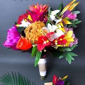 Tropical Wedding Bouquet Set: Silk Protea, Orchid, and Boutonniere