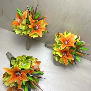 Exotic Orange Lilies & Orchids Bouquet: Tropical Wedding Flowers