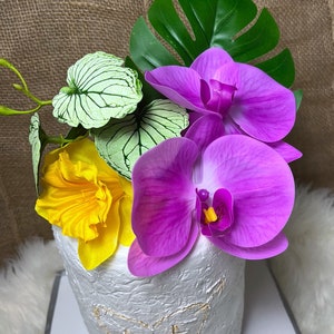 Tropical Floral Cake Topper: Purple Orchids & Hibiscus