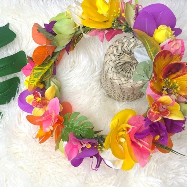 Tropical flower crown in artificial Real Touch and Silk Flowers, Hawaiian crown, wedding flower