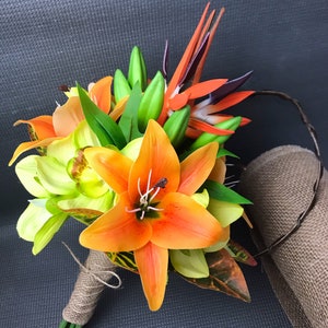 Orange Lilies Tropical Bouquet, Paradise Flower and Orchids, Small ...