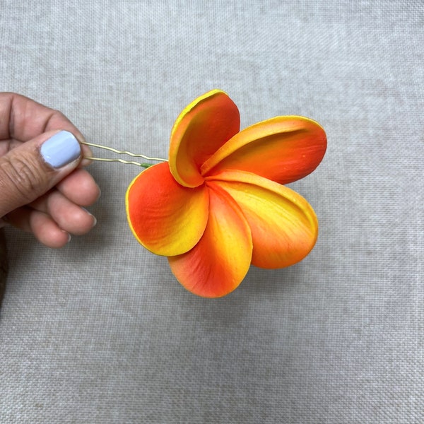 Real Touch Orange Plumeria Hair Pins, Tropical Flower Hair Accessory, Tropical Orange Bridal hair pins,Island Hairpin, Floral Hair Bobby Pin