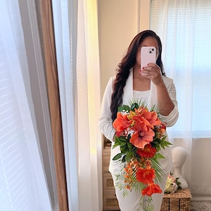 Large Cascading Bouquet in Orange Hibiscus,   Tropical Bouquet, Hawaiian Bouquet, Fake Flowers, Large hibiscus bouquet for wedding.