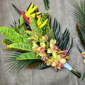 Tropical Bridesmaids Bouquet: Silk Orchids & Bird of Paradise