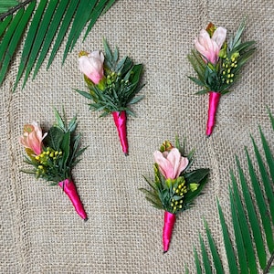 Small Tropical pink Hibiscus Boutonniere, Tropical Boutonniere , Artificial Flowers,pink  boutonniere