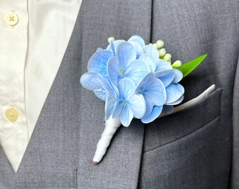 Blue Real Touch Hydrangeas Boutonniere for the Groom, wedding Flowers Boutonnieres, Blue Boutonniere for Men.