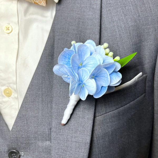 Blue Real Touch Hydrangeas Boutonniere for the Groom, wedding Flowers Boutonnieres, Blue Boutonniere for Men.