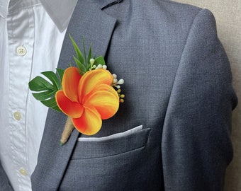 Real Touch Plumeria Boutonniere In Orange,  Tropical Boutonniere, Island Boutonniere, Monstera and Plumeria Boutonniere