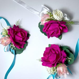 Hot Pink Real Touch Rose, Eucalyptus and Protea, Prom in Faux Flowers,Prom Corsage in vibrant color
