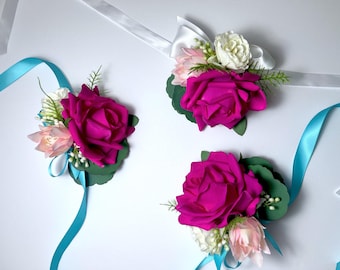 Hot Pink Rose Corsage: Real Touch Faux Flower Prom Bouquet