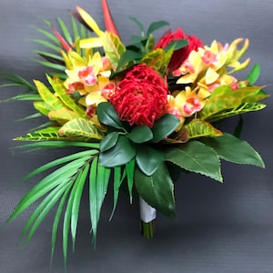 Tropical Bridal Bouquet: Orchids, Protea, Palm Leaves