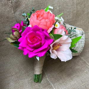 Silk Tropical Bouquet: Pink Hibiscus, Hot Pink Roses, Coral Peonies