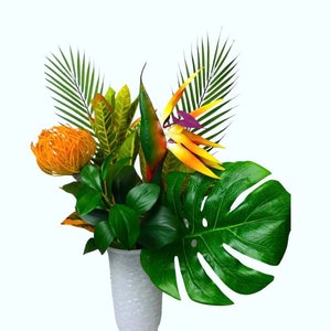 Tropical arrangement, tropical centerpieces, island centerpiece, faux floral arrangement for home and wedding decor.