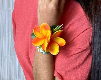 Orange Plumeria Wrist Corsage: Tropical Wedding, Prom Flowers