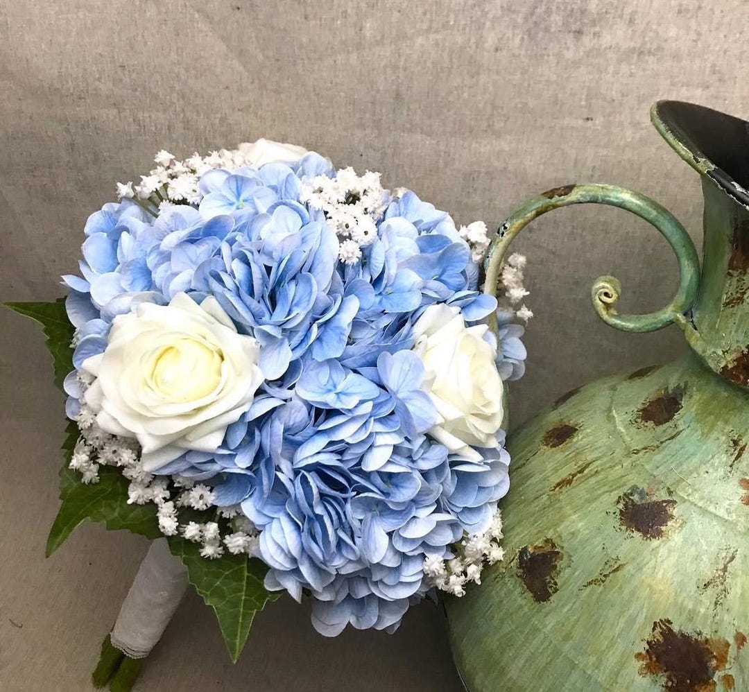 Blue Hydrangea Wedding Bouquet Real Touch Bridal Flower Set White 
