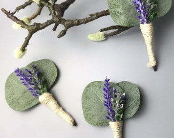 Eucalyptus Lavender Boutonniere: Silk Wedding Groom Accessory