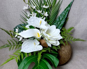 Small Real Touch Magnolia Tropical Bouquet For Bride, Small Bridal and Bridesmaid Bouquet, Real Touch Flowers, white and Forest Tropical.