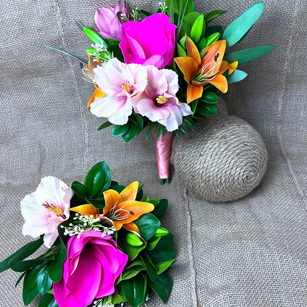 Small Tropical Magnolia and Hibiscus For Bride and Bridesmaids, Bridal Bouquet, Island Bridal Bouquet, Boho Bouquet, Real Touch and Silk.