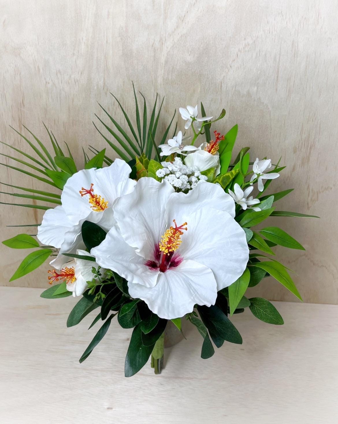 White Silk Hibiscus Wedding Bouquet: Tropical Destination Bridal Flowers