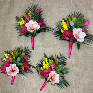 Small Tropical magnolia and Hibiscus for bridesmaids, wedding bouquet,  island Bridal bouquet, boho bouquet, pink and Radish color, Prom