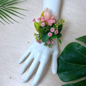 Tropical Silk Flower Wrist Corsage: Pink Hibiscus Bridesmaid Bouquet