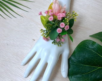 Tropical Silk Flower Wrist Corsage: Pink Hibiscus Bridesmaid Bouquet