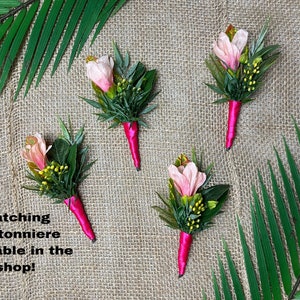 Small Tropical magnolia and Hibiscus for bridesmaids, wedding bouquet,  island Bridal bouquet, boho bouquet, pink and Radish color, Prom