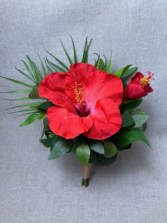 Red Silk Hibiscus Bouquet: Tropical Wedding Flowers