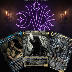 May include: A set of three collectible trading cards titled Cryptid Pack MTG TCG Proxies, featuring dark illustrations of Mr. Gates, Slenderman, and The Wendigo. The cards display detailed text, power and toughness stats, and a purple neon logo.