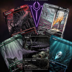 May include: A Sleep Token Basic Lands Pack of MTG TCG proxies featuring 25 cards. The cards display dark, atmospheric illustrations of a mountain, plains, forest, swamp, and island, each with thematic symbols and text labels for the land types.