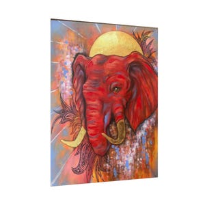 May include: A vibrant painting of a red elephant head with gold tusks and a golden sun in the background. The artwork features intricate details and a colorful, abstract design with shades of orange, blue, and purple.