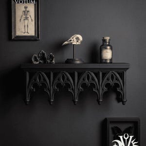 May include: A black gothic-style shelf displays a framed skeleton print, a bird skull on a stand, a glass bottle, and crystals. A framed butterfly art piece and the text "Dusk+Dawn Votum" are also visible. The items are set against a dark gray wall.