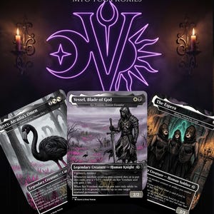May include: A set of 18 custom trading cards titled Sleep Token Pack 1 MTG TCG Proxies. The cards feature dark fantasy illustrations including a black flamingo, a hooded knight with a sword, and three figures in black robes with gold masks.