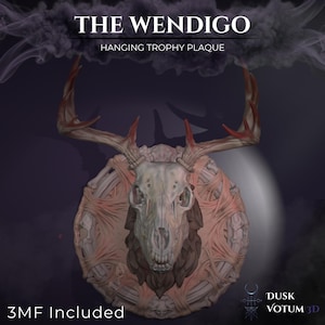 May include: A hanging trophy plaque featuring a pale, weathered deer skull with large antlers mounted on a circular base. The base is decorated with bone-like structures and wrapped in flesh-toned material. Text reads THE WENDIGO HANGING TROPHY PLAQUE.