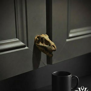 May include: A cabinet knob shaped like a fossilized dinosaur skull in a weathered tan finish, mounted on a dark gray cabinet door. The text DUSK+DAWN VOTUM appears in the upper left corner, and a black mug sits on the surface below the cabinet.