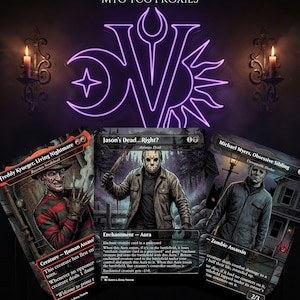 May include: A Horror Icon Pack of MTG TCG proxies featuring 12 cards. The display shows three cards with illustrations of Freddy Krueger, Jason Voorhees, and Michael Myers, set against a dark background with a glowing purple neon logo and text.
