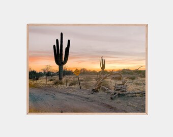 Stampa di cactus al tramonto nel deserto: arte murale in stile pastello dell'Arizona (download digitale)