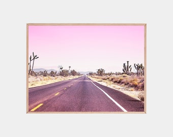 Joshua Tree-print, landschap met open weg, Mojave-foto (digitale download)