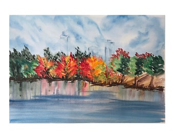 central park watercolor, New York city art, USA Travel, watercolour painting, Ramble and Lake, Semi abstract original watercolor landscape