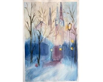 Original Watercolor Cityscape, Winter Street with Lights, Urban Watercolor Art