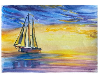 sailboat original watercolor painting, boat painting, sailing wall art, seascape wall decor, sailboat watercolor, nautical original art