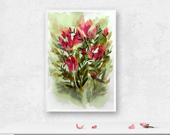 red flowers painting, Watercolor Painting Living Room Wall Decor, Abstract Flower, Modern Botanical Artwork, Wild Flowers, leavers floral