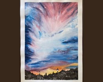 large watercolor painting, big sky, watercolor landscape, Panoramic Blue, Large Panorama, original watercolor, sky scape watercolor blue art