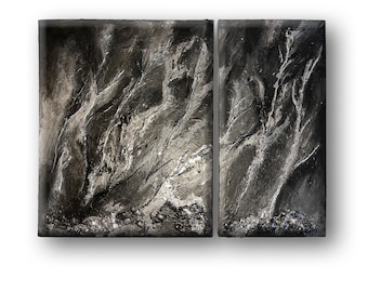 abstract silver painting, black painting, silver leaf, black painting, abstract acrylic painting on canvas, set of 2 canvases, Contemporary