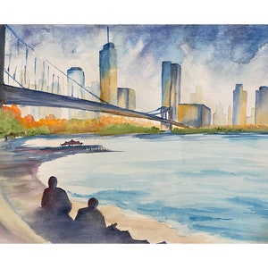Il ponte di Brooklyn, Acquerello di New York City, New York Art, Queensboro Bridge, Queens. Long Island City, Astoria New York, 59th Street Bridge