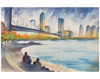 The Brooklyn Bridge, Watercolor of New York city, NYC Art, Queensboro Bridge, Queens. Long Island City, Astoria New York, 59th Street Bridge