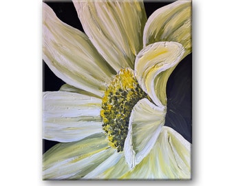 daisy acrylic painting, Wildflowers Artwork, Floral Wall Art, flower painting on canvas, white and green, Impasto Painting, botanical art