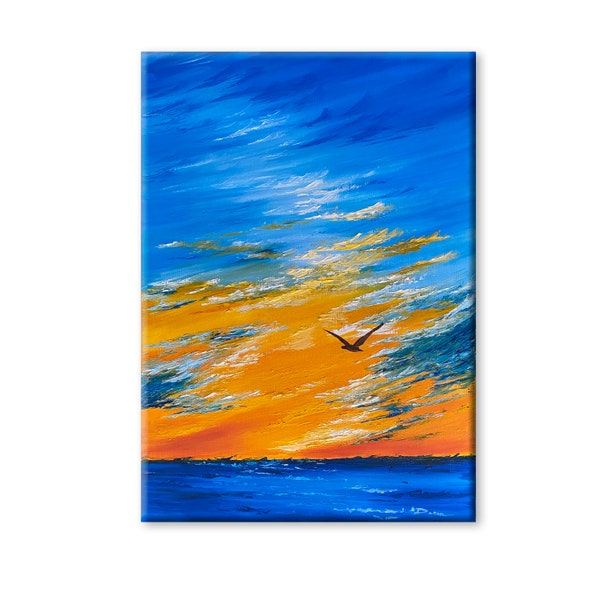 zonsondergang schilderij op canvas origineel, Oceaan schilderij, impressionistische kunst, moderne kunst, woonkamer muur decor, kunst aan de grote muur, zee landschapskunst